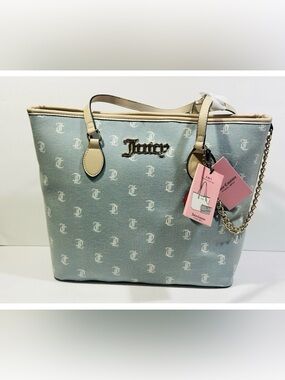 Juicy Couture Light Blue Denim Logo Large Tote with Beige Trim